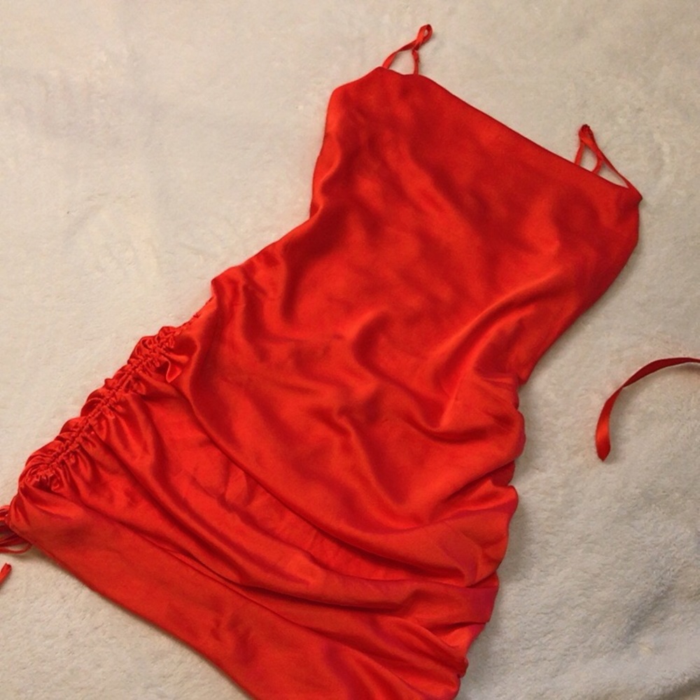 LuLu’s Coral Pink Satin Ruched Mini Slip Dress